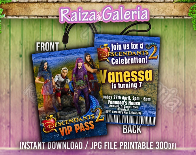 VIP Pass Invitation Disney Descendants 2 - We deliver your order in record time!, less than 4 hour! BEST VALUE - Descendants 2 Party