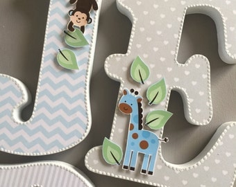 Decorated letters, Baby boy jungle nursery letters, wall hanging letters, free standing letters, blue, grey wooden letters, baby shower,