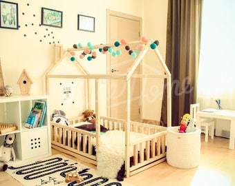 House bed, toddler bed (KING) SINGLE, play house, tent bed, bunk bed, wooden playhouse, Montessori bed, toddler floor bed, teepee bed FENCE