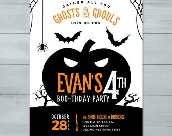 Halloween Birthday Party Invitation | Pumpkin Spooky Halloween Invite | Bat Spider Pumpkin Birthday Invitation