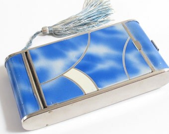 Minaudière Vintage compact bleu chrome design porte-cigarette, poudre rouge à lèvres compact pompon