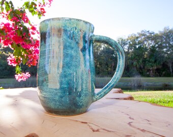 Green Handmade Pottery Coffee Mug, Large Coffee Mug, Wheel thrown pottery mug, Stoneware mug