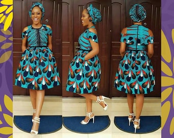 Teal Ankara Cold Shoulder Prom Dress, African Clothing, Ankara Dress, African Dress