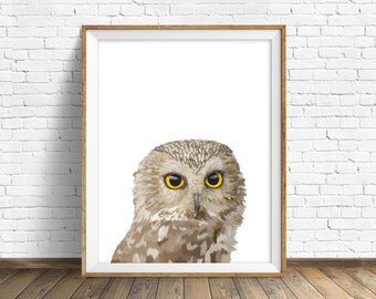 owl art print, instant download printable art, woodland animals, animal prints, wall art, large art, large wall art, modern - "Bright Eyes"