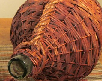 Old Wicker Wine Jug, Vintage Wicker Covered Demijohn, Glass Carboy, Hand Blown Wine Bottle, Antique Glass Jug, Vintage Demi John, Old Jug
