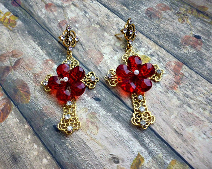 Baroque Cross Red Flower Earrings Byzantine RED Rhinestone Gold Metal Drop Dangle wedding party jewelry gold filigree birthday gift for her