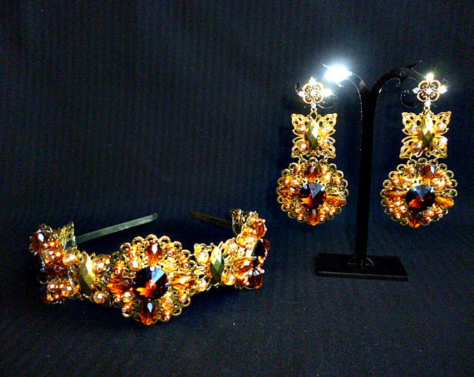Wedding gold Rich Smoky Brown crown headband bridal jewelry set tiara earrings swarovski crystal bride dolce personalized womens gift royal
