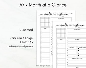 Month at a Glance, A5 Planner Inserts, Monthly Planner, Planner Refills, Filofax A5, kikkiK Large, A5 Inserts, Planner Printable, To Do List