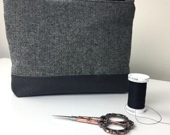 Gray Herringbone Zipper Pouch, Gray Cosmetic Bag, Gray Clutch, Simple Makeup Bag, Toiletry Bag, cute makeup bag, gift for her