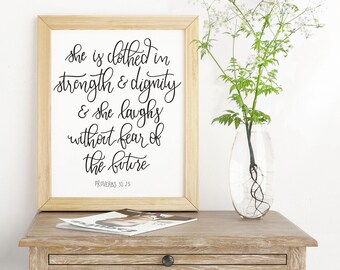 Christian Quote Printable, She is Clothed in Strength and Dignity hand lettered cutting files, Quote SVG, Quote clipart, Bible Verse SVG