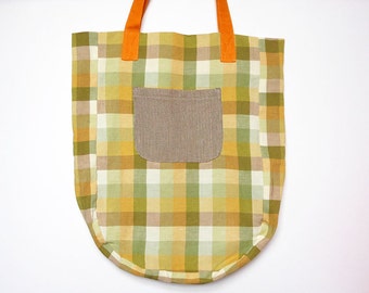 Recycled bag, sustainable, tote bag, upcycled fabric. Green bag, shopping bag, market bag, check pattern, linen bag.