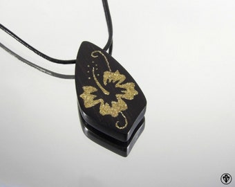 Necklace "Fleur of Hibiscus" in ebony and glass glitter gold inlaid-wood-precious-glitter of glass gold-made hand-jewelry Taamak