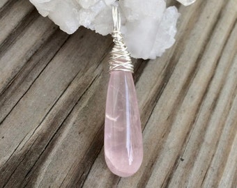 Rose Quartz Wire Wrapped Crystal Pendant Sterling Silver, Heart Healing, Rose Quartz Necklace, Boho Necklace, Reiki Charged, Love