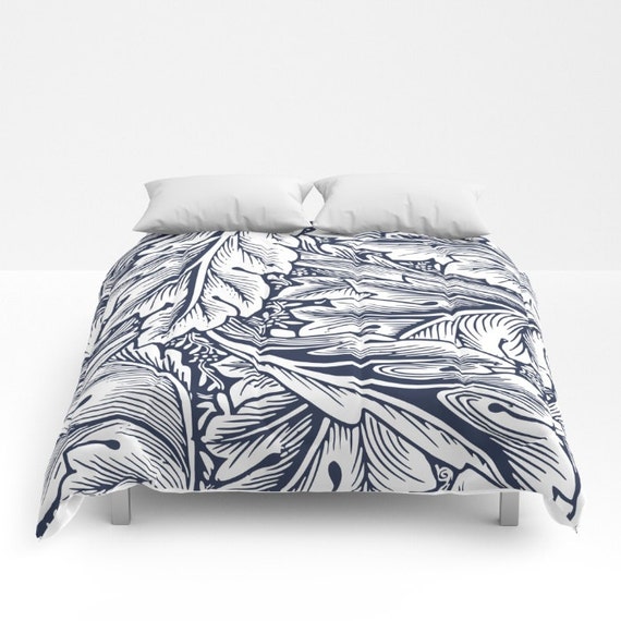 Navy Comforter Blue Duvet Cover Full Queen King Vintage Navy Comforter Blue Duvet Cover Full Queen King Vintage Scrollwork Bedding Leafy White Bedroom Leaf Pattern Floral