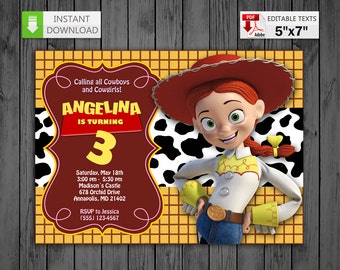 Printable invitation Jessie Cowgirl in PDF with Editable Texts, Jessie Toy Story party Birthday Invitation, edit and print yourself!