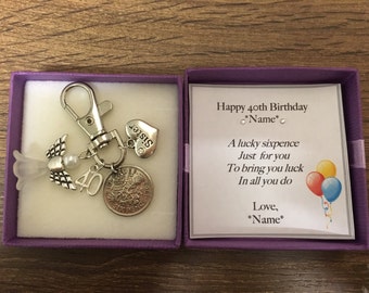 Personalised 40th birthday gift lucky sixpence keyring handbag charm -choice of charms - gift for her