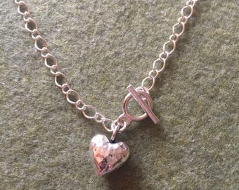 28" silver chain necklace with toggle clasp and heart charm