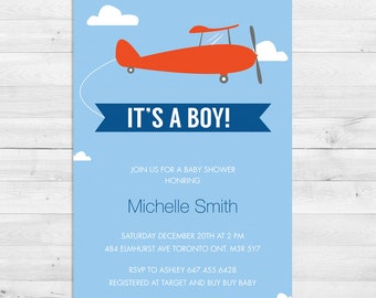 Baby Shower Invitation Boy, Airplane, Vintage Airplane, Blue, Grey, Red, Vintage, It's A Boy