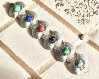 Vintage 60s Sarah Coventry Wide Link Bracelet in Silver Tone Metal with Faux Gemstone Centers Statement