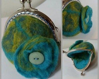 Green and blue wet felted coin purse