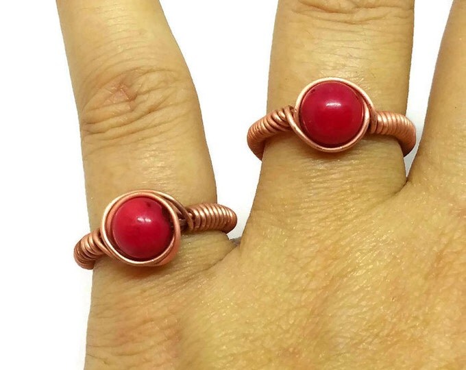 Red Coral Copper Wire Wrapped Ring, 35th Wedding Anniversary Gift, Luck Gemstone, Unique Birthday Gift, Gifts for Her