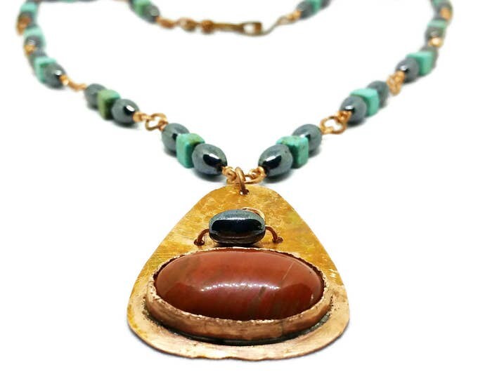 Red Jasper Copper Pendant, Hematite and Turquoise Howlite Necklace, Warrior Stone Necklace, Unique Birthday Gift