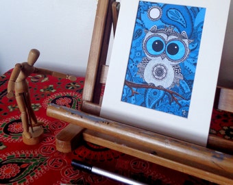 Artwork Print - 3d Mehndi Grey Owl (mounted) 8” x 6”