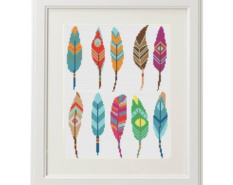 Feather Cross stitch modern Cross Stitch Pattern home feathers Set of 10 Geometric Cross Stitch tribal ethnic Boho wall art decor room
