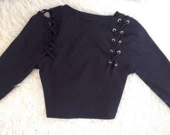 90's Soft Grunge Lace Up Black Crop Top