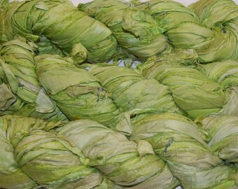 10 yards celery green Recycled Sari Silk Ribbon Yarn, Gray, Grey, Upcycled, Bulky, Crochet, Knit, Jewelry, Craft, Weave, Silk Ribbon