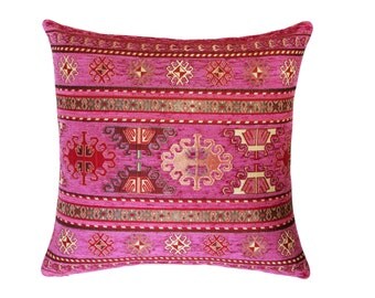 KILIM PILLOW Cover - Turkish Pillow -Tribal Pillow - Aztec Pillow -Ethnic Pillow -Pink and Gold Pillow Cover -Chenille Pillow - Pink Pillows