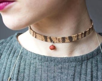Sale 40% Choker arg925 Cork, cherry red Pearl, crew neck, handmade