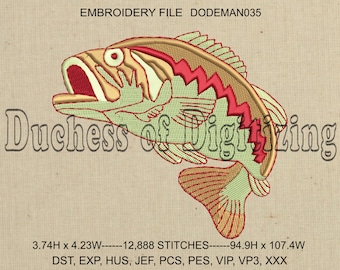 Large Mouth Bass Embroidery Design, Fish Embroidery Design, Bass Embroidery File, Fish Embroidery File, DODEMAN035