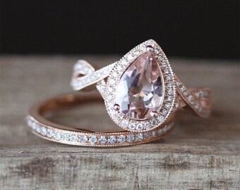 2pcs Morganite Ring Set VS 6*8mm Pear Cut Morganite Ring Crossed Ring Band Half Eternity Diamonds Wedding Ring Set 14K Rose Gold Ring Set