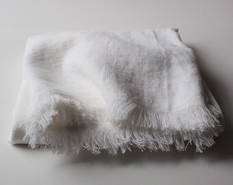Off White Softened Linen Throw, Linen Throw Blanket, White Linen Throw, Fringed Throw Blanket, Soft Linen Throws and Blankets