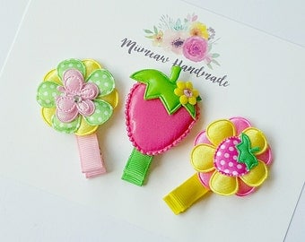 Baby Hair Clips , Infant Hair Clips ,Toddler Hair Clips , Girls Hair Clips , Hair Clip Set , Green - Pink - Pink Strawberry Hair Clip Set