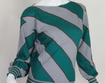Green Gray Striped Sweater Boat Neck Pullover