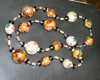 Sale, Cloisonne Enamel Necklace 32",Was 45 Now 35 Onyx,Pearls,Abalone,Enamel Beads1". Free Shipping