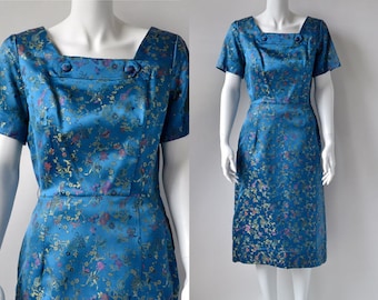 Original Vintage 1950's Blue Oriental Brocade Cheongsam Square Neck Cocktail Joan Dress Medium Birds Of Paradise Floral Chinese Pattern