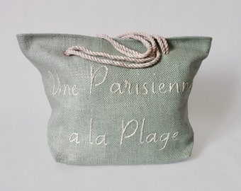 Bag, shopping bag of beach / water green flax / embroidered "A Parisian to the beach" /Anses in cord natural/fact hand/made in Paris / gifts for her