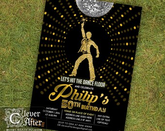 Disco Invitation 70s disco dance night party invite gold and black seventies ball birthday 1970s fever throwback 50th 60th 70th men printed