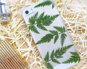 Real pressed flower phone case for iPhone SE • resin floral bumper cover • iPhone 7 plus case • Fern green leaf • Pressed leaf phone case