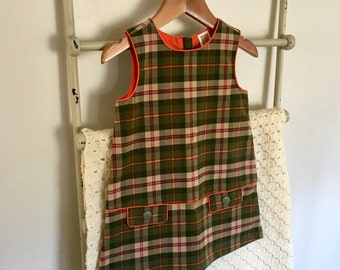 Little Girl's 70's Style Mod Dress in Green Tartan