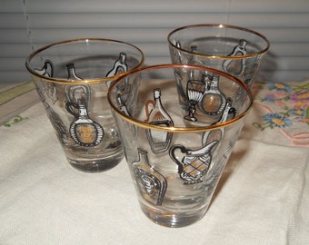 3 Vintage Rock Glasses 6oz Bar Glasses Black and Gold