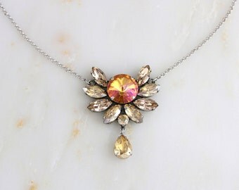 Swarovski Crystal necklace, Wedding necklace, Wedding jewelry, Vintage style necklace, Pendant necklace, Antique silver necklace,