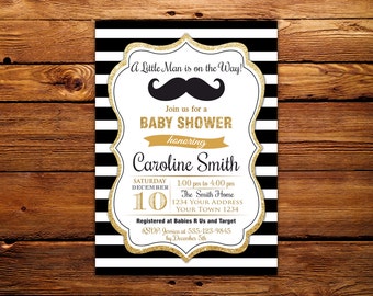 Little Man Baby Shower Invitation. Little Man Mustache Baby Shower Invitation. Mustache Baby Shower. Printable Black Gold White Baby Shower.