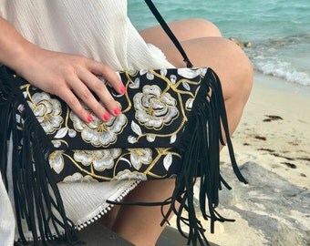 Embroidered Leather Fringe Cross Body Bag. Boho Bag. Beach Bag. Bohemian bag. Fringe Bag. Hmong bag. Leather bag. Embroidered bag.