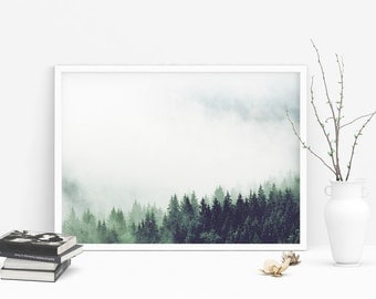 Misty Forest Landscape - Mist Mountain Photography, Fog Photo Poster, Nordic Prints, Minimalist wall Art, Instant Download Digital Picture