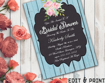 Rustic Bridal Shower Invitation, Chalkboard Bridal Shower Invitation, Rustic Wedding Shower Invite, Floral, Wood, DIY, Instant Download