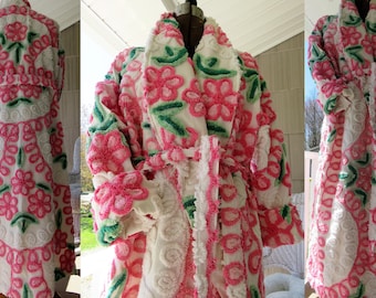 Pink Swirls Twirls & Curls Chenille Robe ~ Handmade Plush Vintage Bathrobe ~ from Gorgeous Chenille Bedspread - May fit up to 1x